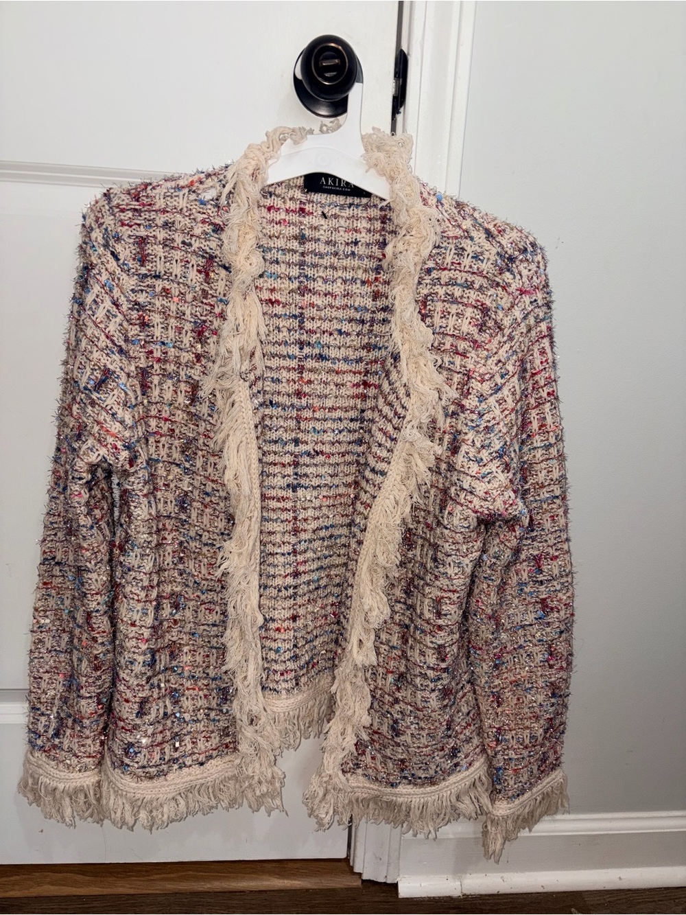 AKIRA Cream Multi-Color Tweed Fringe Open Cardigan and Skirt set.